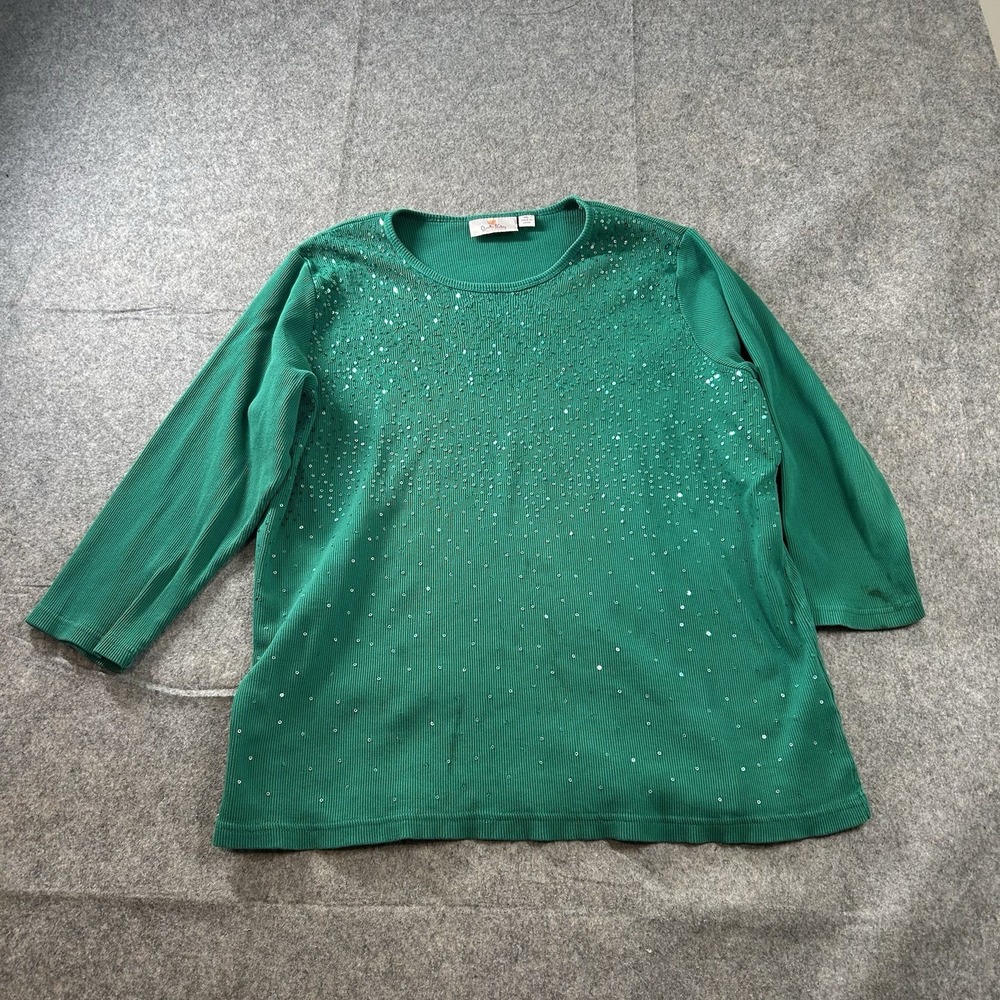Quacker Factory Shirt Womens XL Ribbed Knit Green Sequin 3/4 Sleeve Artsy